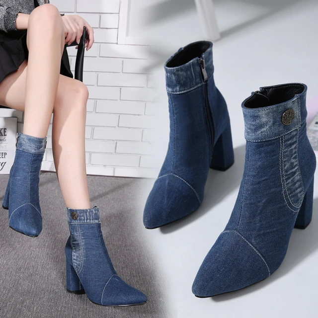Denim design female botas 2019 brand pointy footwear block high heels warm plush fur