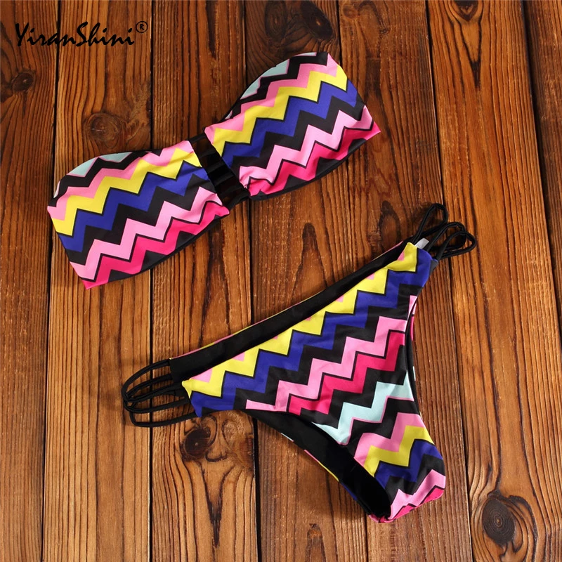 

YIRANSHINI Hot Sale Retro Printed Bikini Set Women Backless Beach Bathing Suit Sexy Strapless Brazilian Thong Bikini Set Push Up