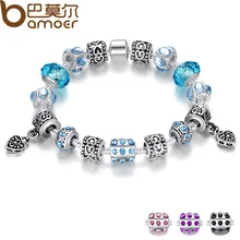 BAMOER Hot Sell European Style Silver Crystal Charm Bracelet for Women With Blue Murano Glass Beads