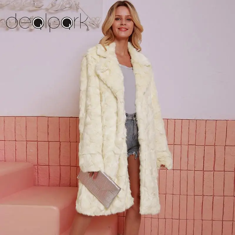 

2019 Winter Coat Women Faux Fur Coat Notched Collar Long Sleeve Open Front Thicken Jacket Parka Outerwear female Overcoat Beige