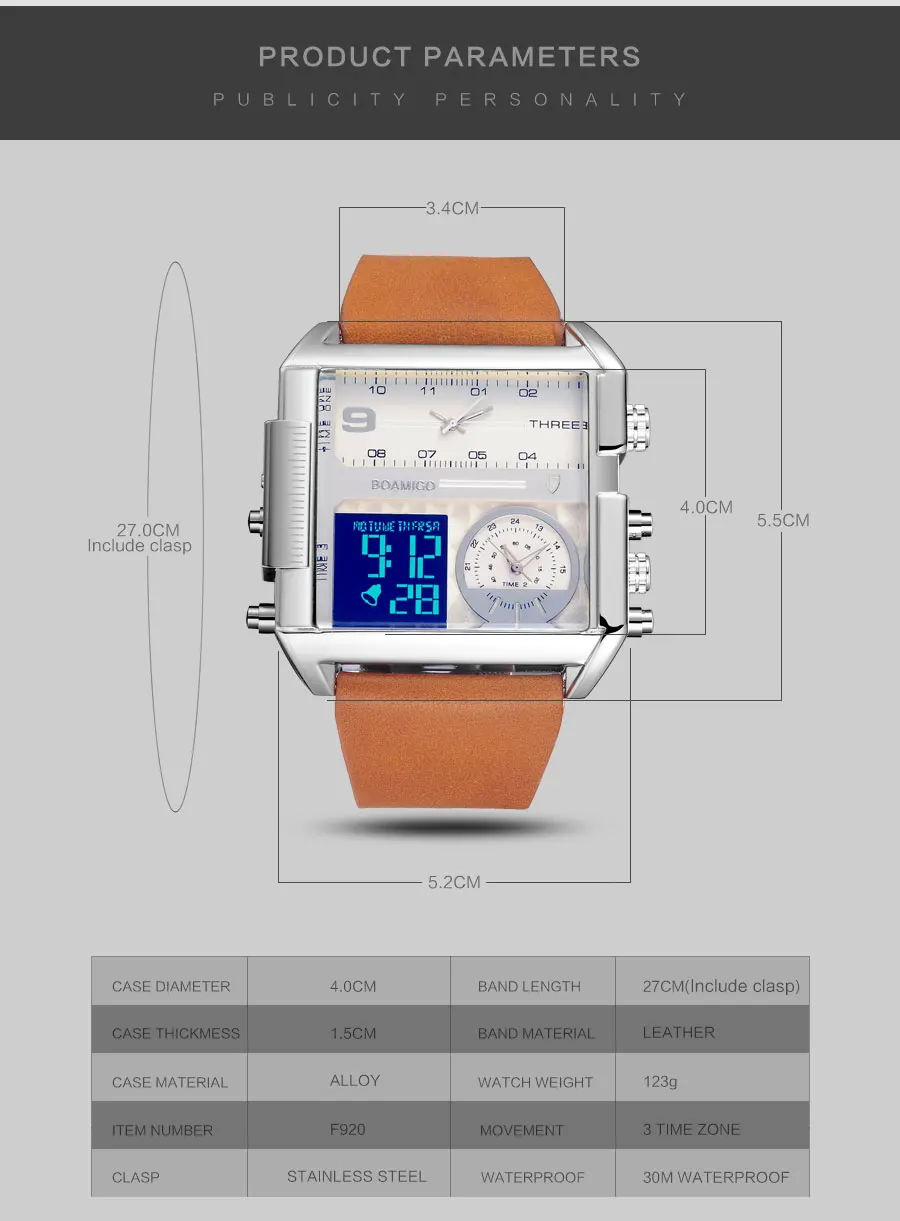 Jolie Montre en Cuir Numerique Analogique Avec 3 Fuseaux Horaires Jolie Montre en Cuir Numerique Analogique Avec 3 Fuseaux Horaires