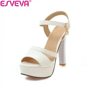 

ESVEVA 2018 Women Sandals Summer Shoes Thin High Heels Platform 3.5cm PU Sandals Buckle Strap Elegant Shoes Woman Size 34-43