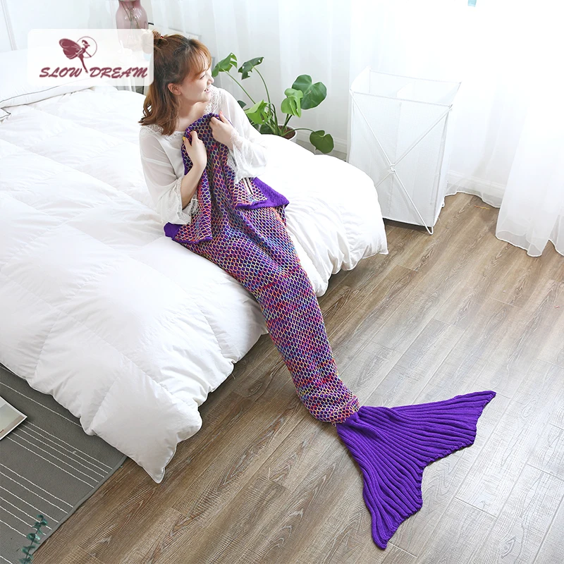 

Slowdream Purple Throw Mermaid Tail Blanket Knitted Handmade Soft Gift For Adult Kids Child Bed Sofa Sleeping Bag Nap Keep Warm