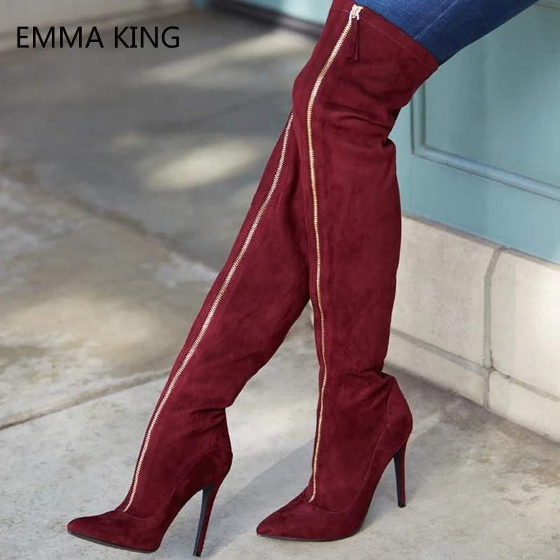 

Wine Red Stretch Women Boots Thigh Pointed Toe Flock Over The Knee High Boots Zipper Sexy Stiletto Heels Party Shoes Woman 2019