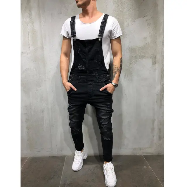 Mens Denim Overalls Male Ripped Skinny 