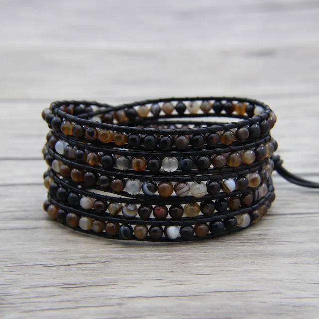 Boho Beads Leather Wrap Bracelet Coffee Onyx Bead 4mm Boho Beads Leather Wrap Bracelet Coffee Onyx Bead 4mm Charm Friendship Gift Jewelry
