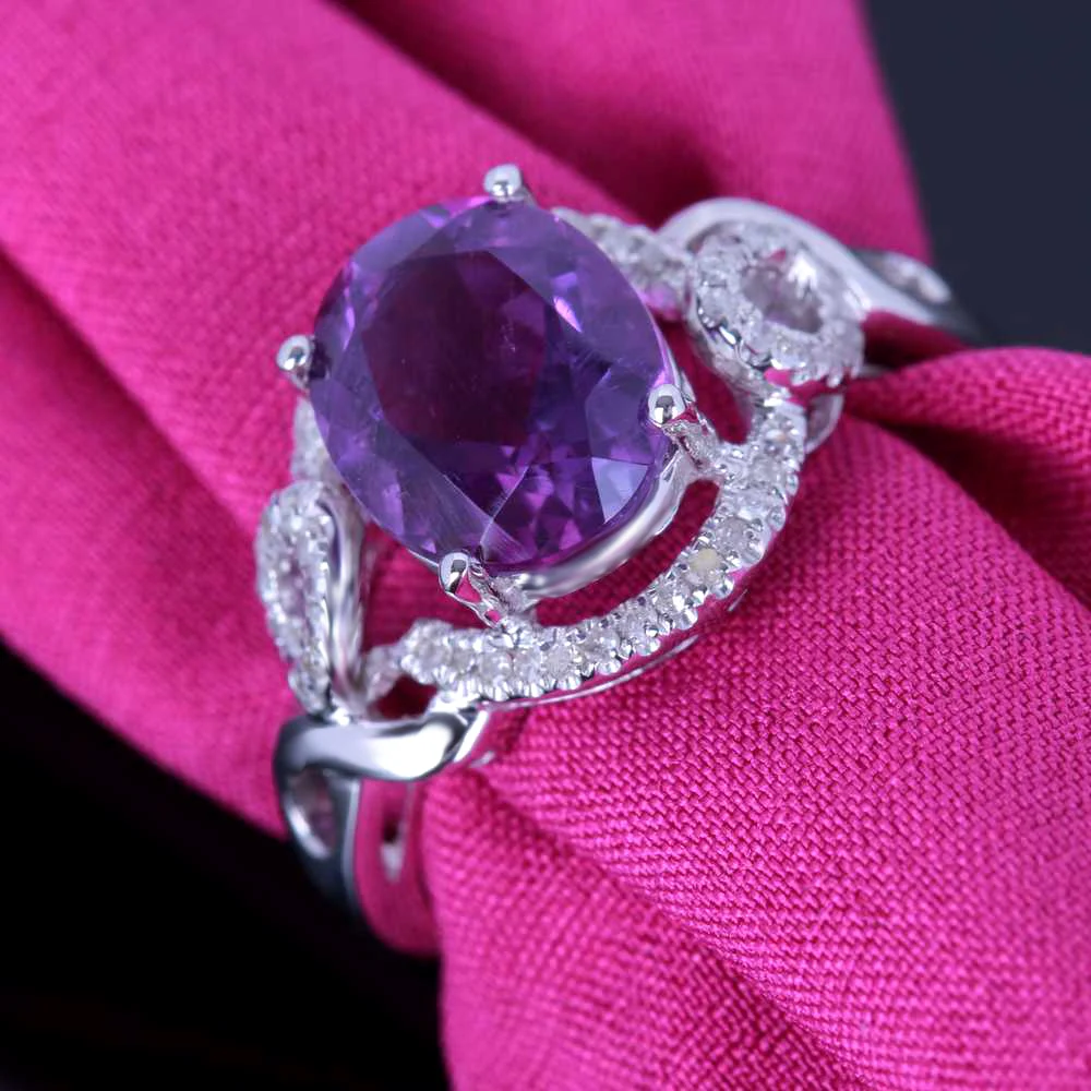 925 Sterling Silver 10x8mm Oval 2.5ct Amethyst Pave Natural Diamonds Wedding Ring Fine Jewelry Engagement Gemstone Ring