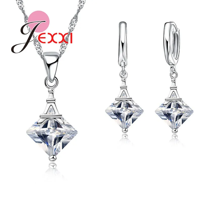 Neue Design 925 Sterling Silber Eiffelturm Anhänger Halskette Ohrring für Frauen Braut Hochzeit Engagement Schmuck-Set