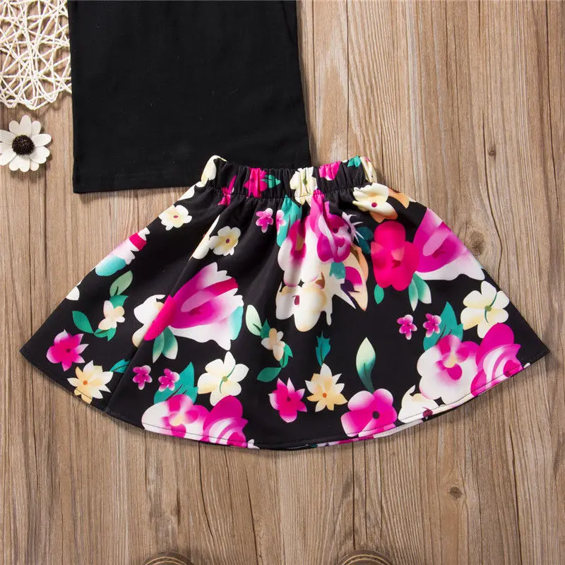 spesifikasi Musim panas New Hot Mode Floral Bayi Anak Singkat Hitam Atas T Shirt Floral Mini Rok Tutu Outfit 2 pcs Stroller Set Kasual pakaian