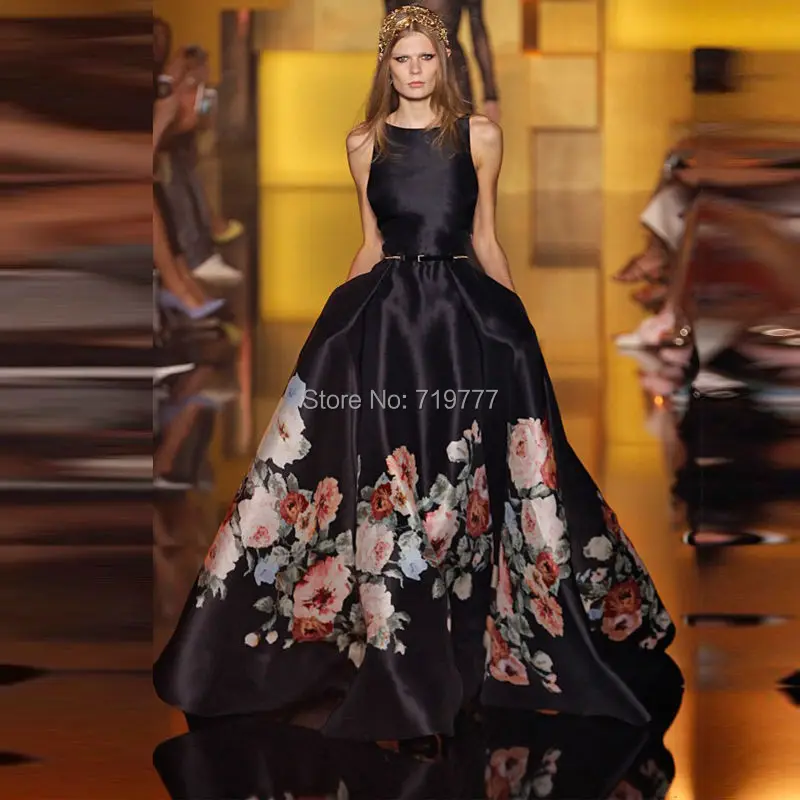 Long Dresses Evening Gradient Black Formal Dress with Flower Pattern Prom Dresses 2016 Vestido