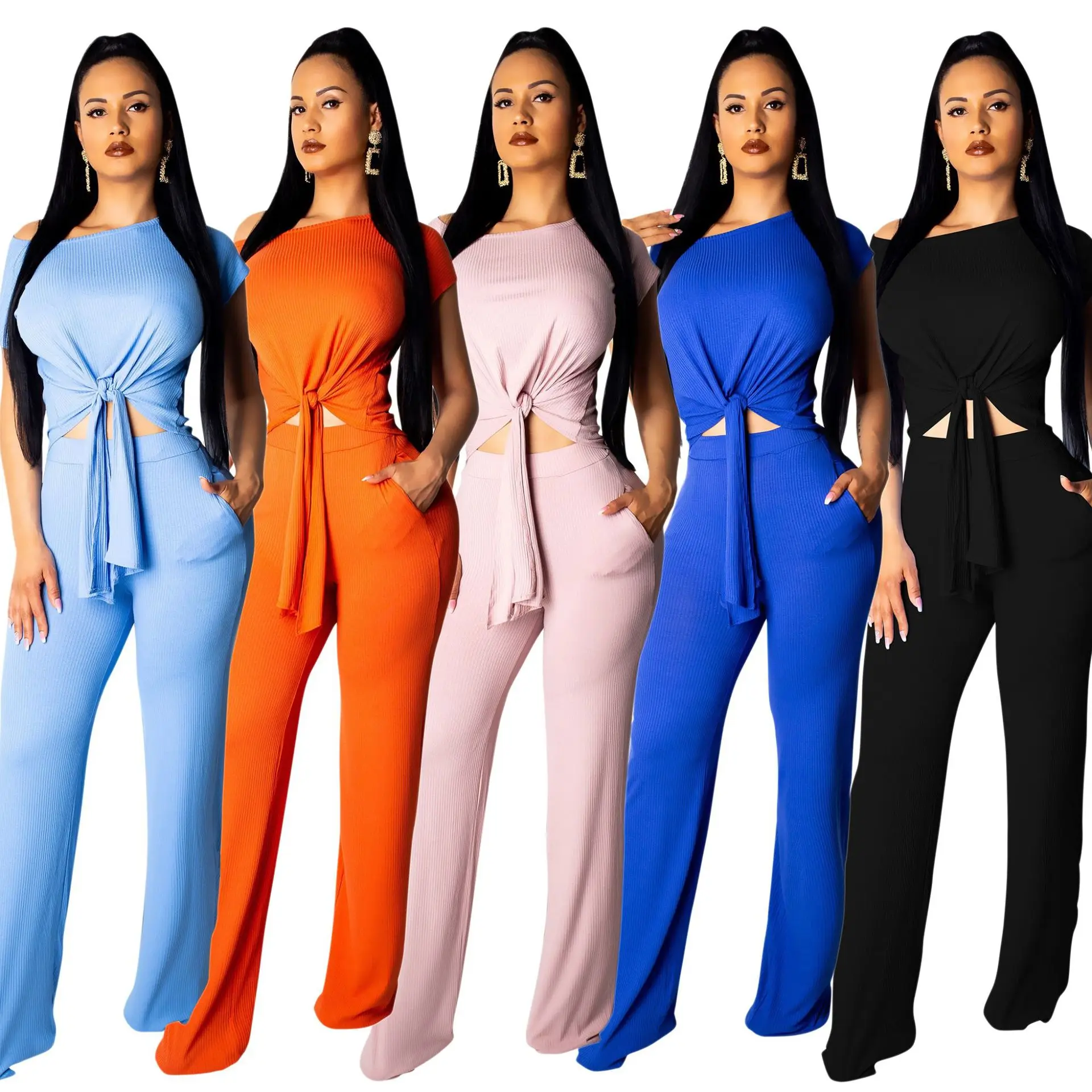 

2019 hot selling casual diagonal collar wide leg pants suit Solid two piece full length suit for lady