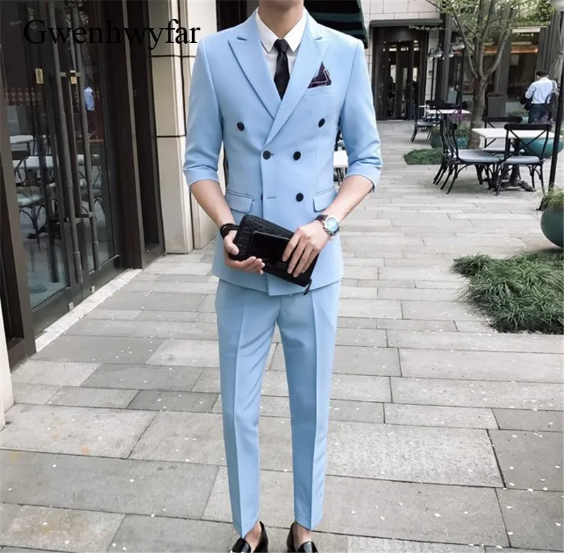 Gwenhwyfar Short Sleeve Sets 2018 Elegant Sky Blue Men Suit Pants Beach Wedding Tuxedo Custom