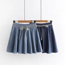 Милые плиссированные мини-юбки со шнуровкой для женщин джинсовая плиссированная короткая юбка Falda Muje синяя хлопковая Женская юбка летняя Jupe Femme