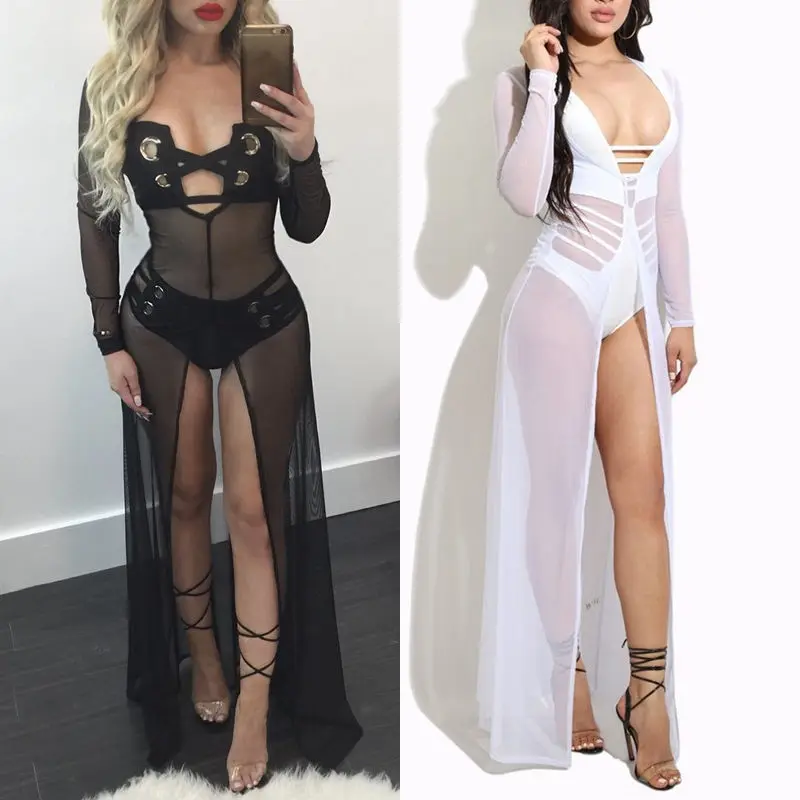 

2019 Sexy Women Plus Size Beach Long Maxi Dress Long Sleeve Lace Up Strapless Black White Lace Chiffon Crochet BathingSuit