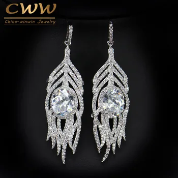 

CWWZircons Brand Micro Pave Fancy Cubic Zirconia Setting Long Feather Shape Drop Earring Jewelry for Women CZ107