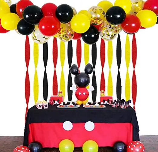

Red Black Yellow Latex Balloons with Gold Confetti Balloon Crepe Paper Streamers and Balloon Strip Set for Baby Shower Birthday.