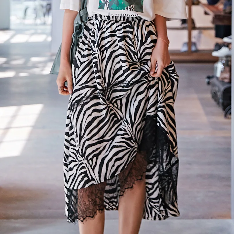 

Fashionable Zebra Pattern Skirt Women 2019 Summer New Korean Women's Light Ripe Lace Irregular Black Skirt Women