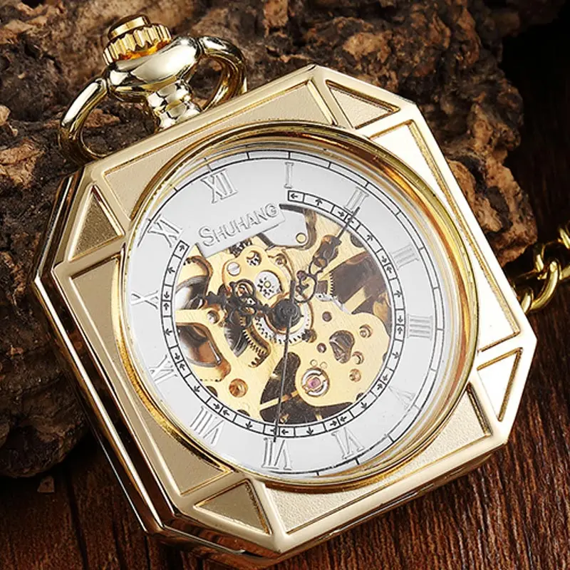 Винтажные Золотые Квадратные карманные часы с каркасом, механические, ручной Ветер, Роскошный брелок, ожерелье, часы с цепочкой для мужчин