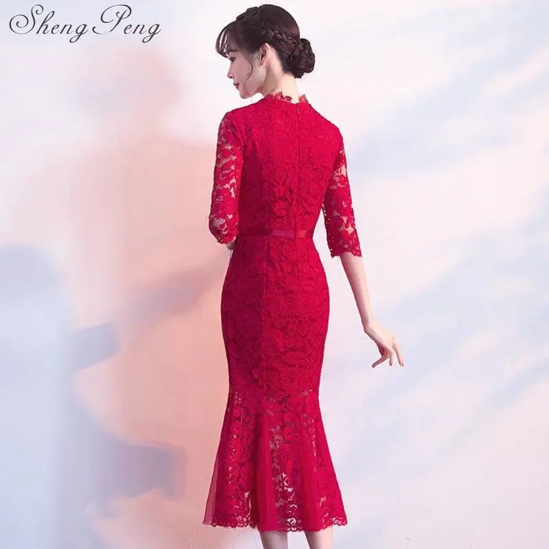 Новое поступление китайское платье Ципао с коротким рукавом Восточный стиль платья Элегантный красный черный кружевное платье 2018 S-3XL CC377