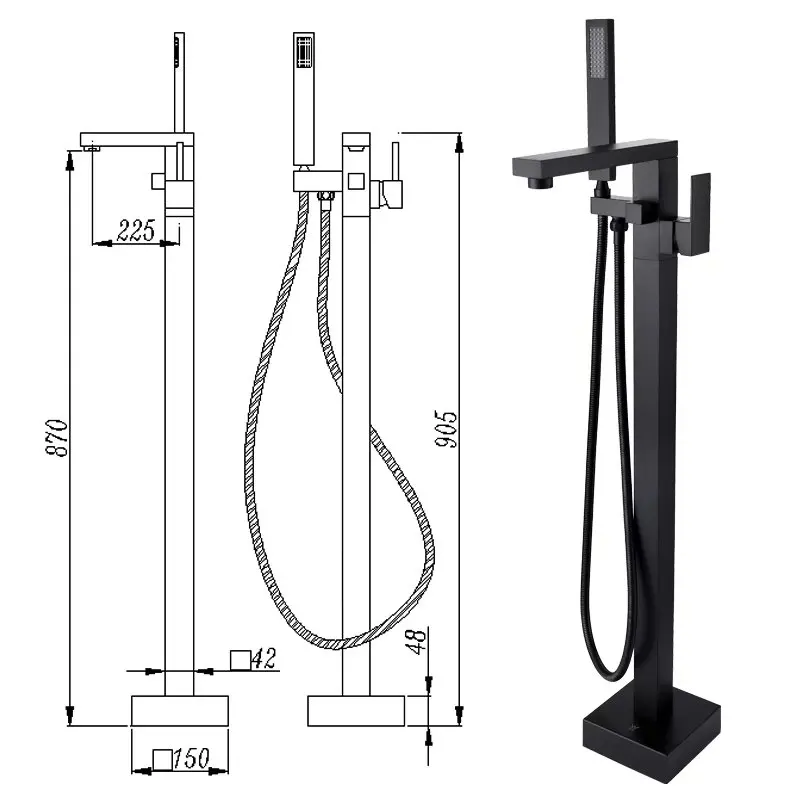 

Free ship Matte black Bathroom Floor Mount Bath Clawfoot Tub Filler Faucet Handshower Bathtub tap Square