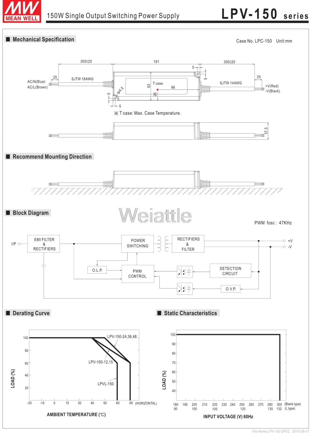 12V 15V 24V 36 V 48V 10 8 6,3 4,2 3.2A MEANWELL LPV-150-12 150W AC-DC светодиодный освещение привода переключения Питание водонепроницаемый IP67