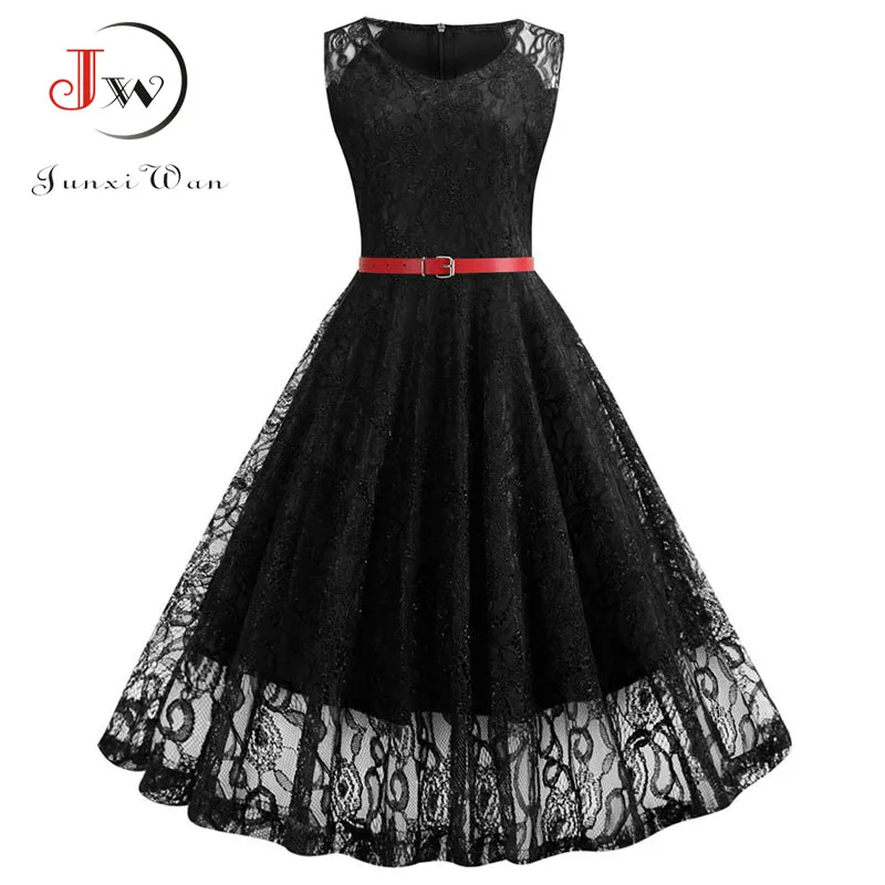 

Black White Summer Lace Dress Plus Size Women Sleeveless Vintage Swing Elegant Red Midi Party Office Dress Robe Femme Vestidos
