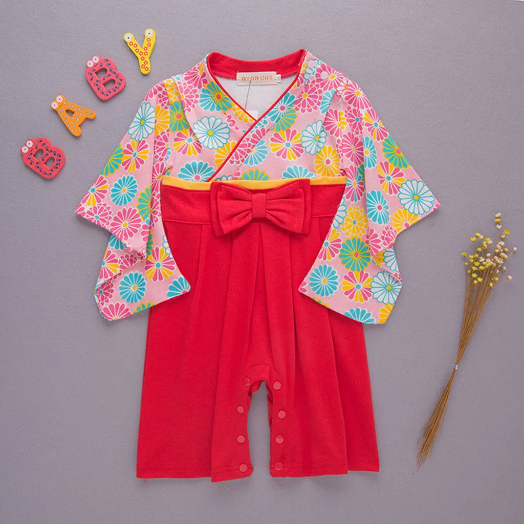 Детская одежда; цветочное кимоно для маленьких девочек; комбинезон с бантом; традиционные костюмы; одежда в японском стиле; Комплект комбинезонов для девочек; Dzieck