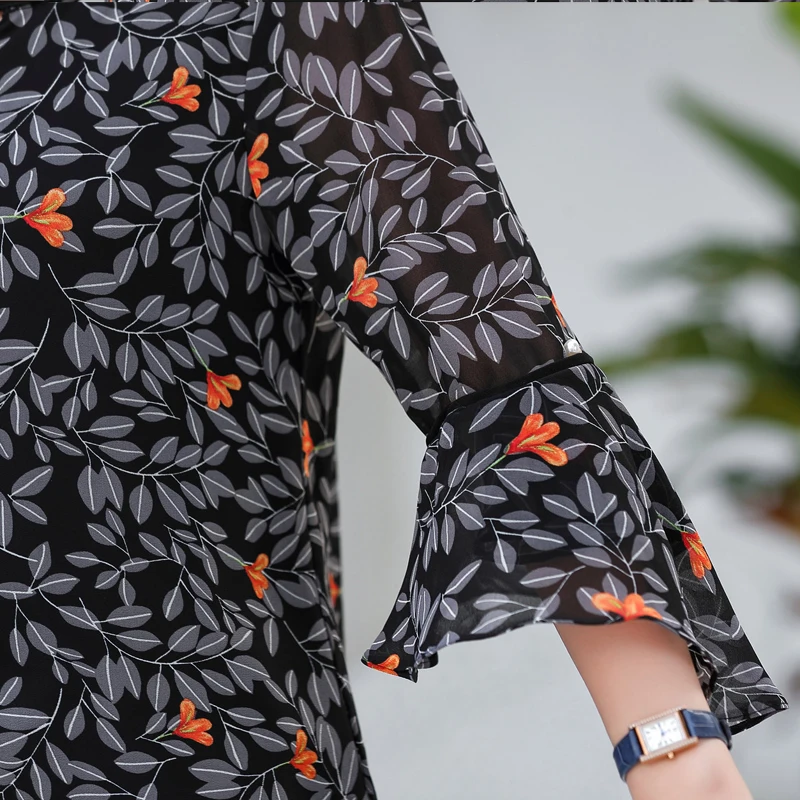 ASLTW Шифоновая Блузка Весна Осень половина рукав колокол Свободная Женская рубашка нового размера плюс О-образный вырез элегантный топ с принтом женская блузка