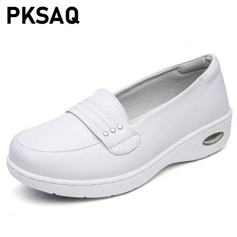 

Four Seasons Woman Pure white Nurse shoes women Platform soft Comfortable Air cushion casual genuine leather shoes Ladies
