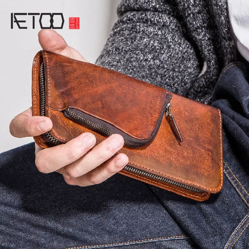 

AETOO Men's long wallet leather zipper multifunctional wallet men's retro cowhide personality handbag Mobile Wallet