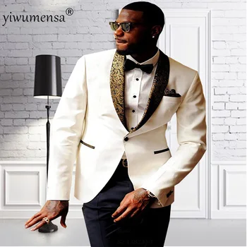 

Smart Casual wedding suits for men Ivory/Black costume homme Two Pieces (Jacket+Pants) terno slim fit High Quality Mens dress