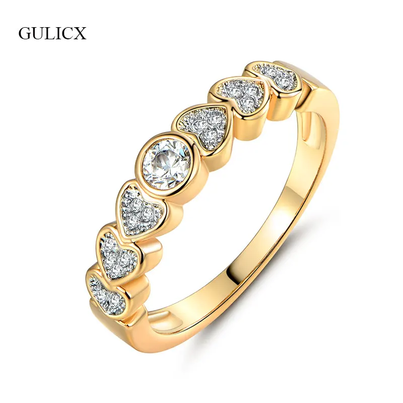 

GULICX Sweet A Row of Heart-shape Rings For Women Gold-color White Crystal CZ Zirconia Finger Rings For Anniversary Jewelry R239