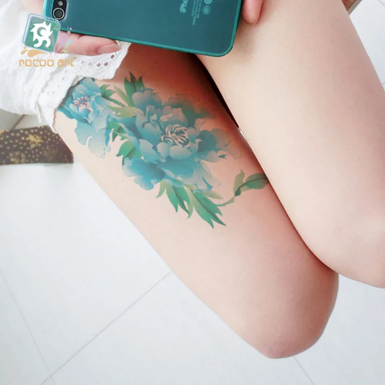 

QC-672/20X10cm Long Colorful High Solution Body Art Blue Peony Flowers Circle Design Temporary Fake Flash Tatoo Sticker Taty