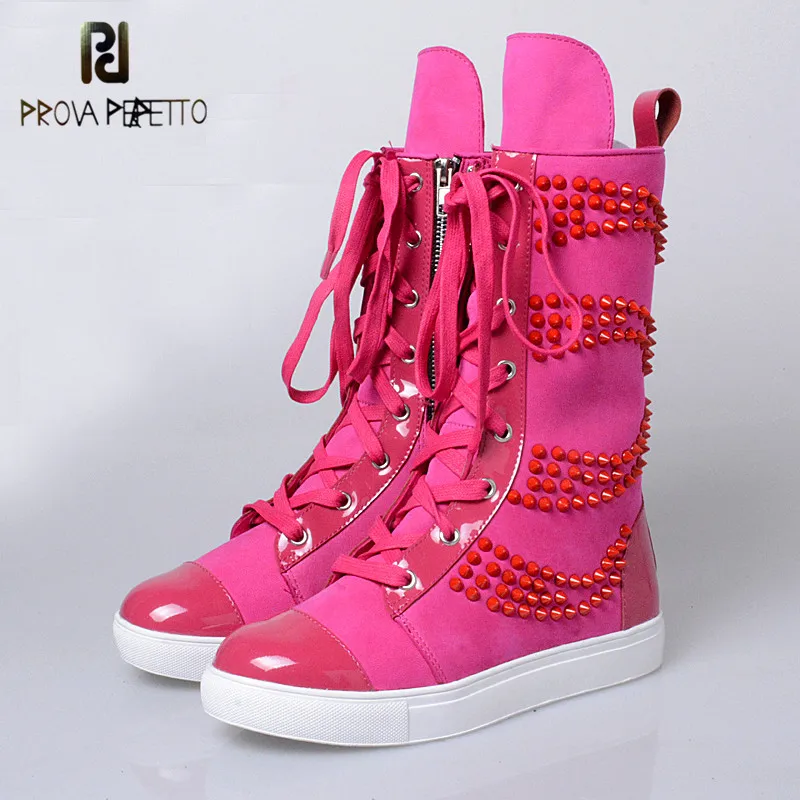 

Prova Perfetto 2018 New Designer Thick Bottom with Rivet Canvas Mid Boots Genuine Leather Lazy Colorful Boots Casual Flat Shoes