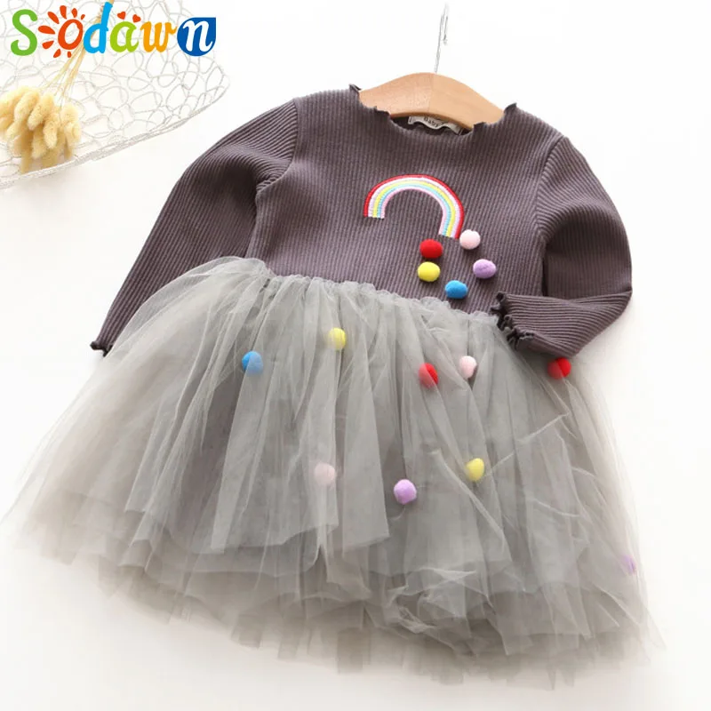 

Sodawn 2018 Spring New Baby Girl Clothes Fashion Embroidery Rainbow Ball Design Gauze Girls Princess Dress For Children Clothing