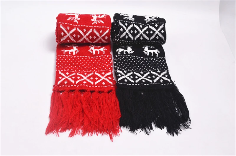 Зимний толстый Рождественский шарф черные красные шали и шарфы с оленями для влюбленных пар Длинные вязаные теплые шарфы с кисточками YK492