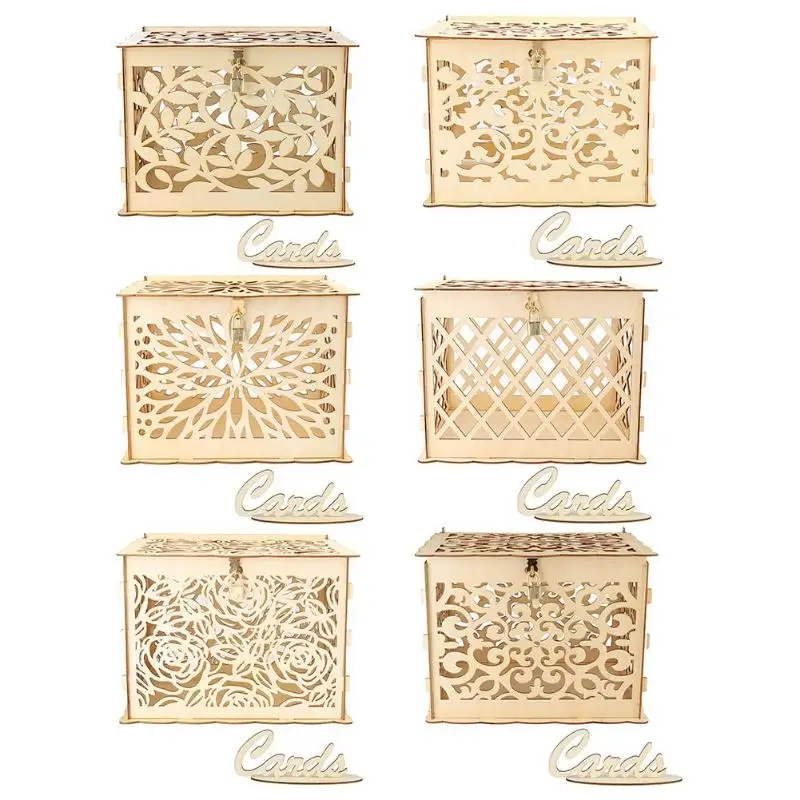 

2019 Hollow Carving Elegant Rustic Wedding Decoration Supplies Greeting Card Check-in Box DIY Wooden Money Box Craft with Lock