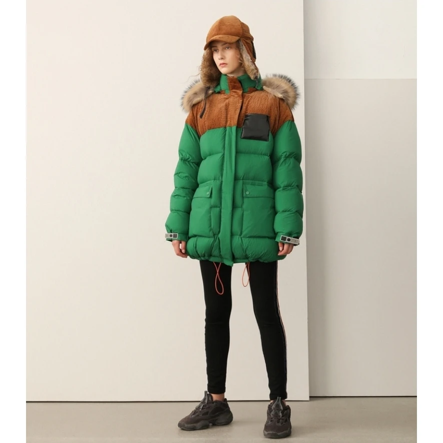 

IRINAY047 2018 New Collection with a detachable hood real fur collar oversized thick winter coat women white duck down jacket