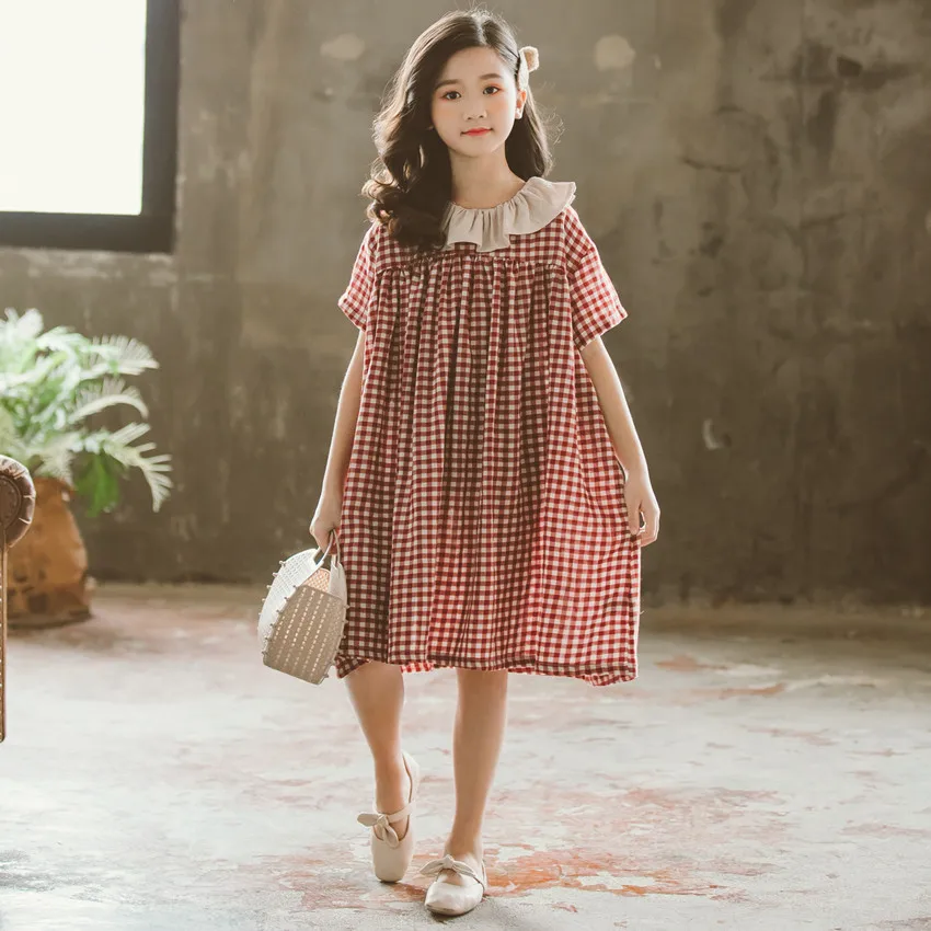 

New Summer Kids Loose Dress Korean Baby Princess Dress New 2019 Children Summer Dress Girls Plaid Dress Peter Pan Collar,#5235