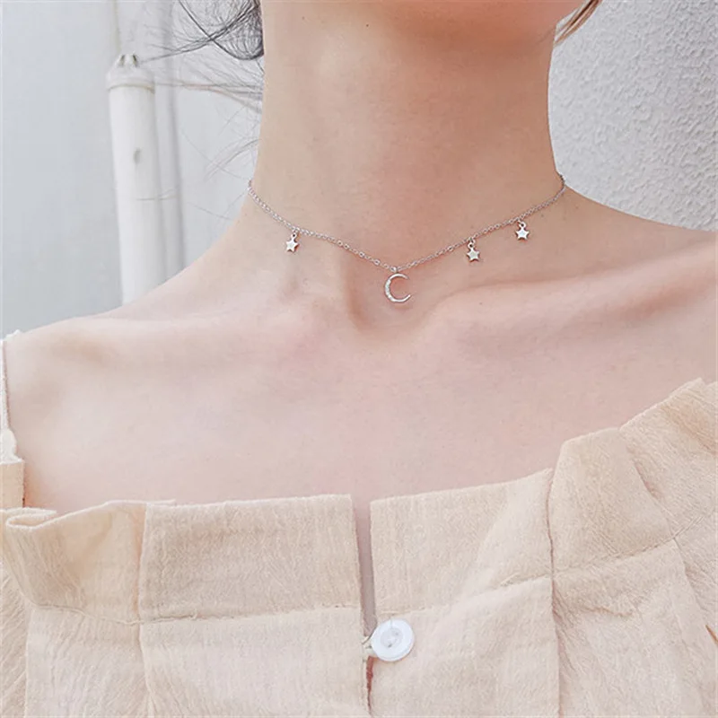 

New Arrival 925 Sterling Silver Necklace Micro Zircon Moon Star Pendant Short Clavicle Necklace For Women Choker Collar