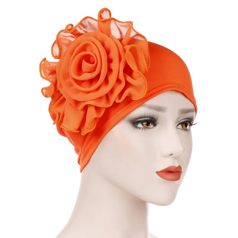 Женские эластичные шапочки с большой цветочной головкой шапочка из хлопка Дамские выпадения волос Африканский тюрбан Boho Аксессуары для волос мусульманский шарф - Цвет: Orange