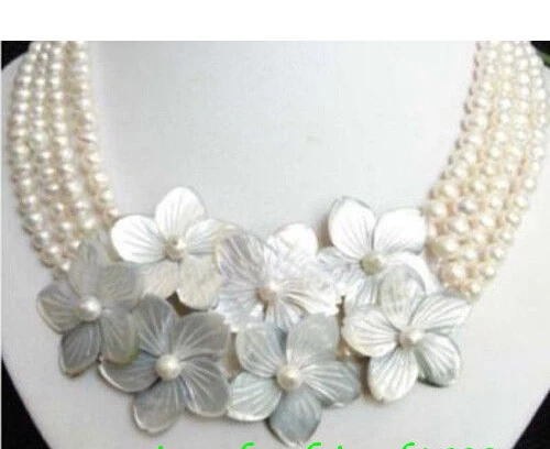 

*******Jewelry 4row White pearl flower shell Necklace