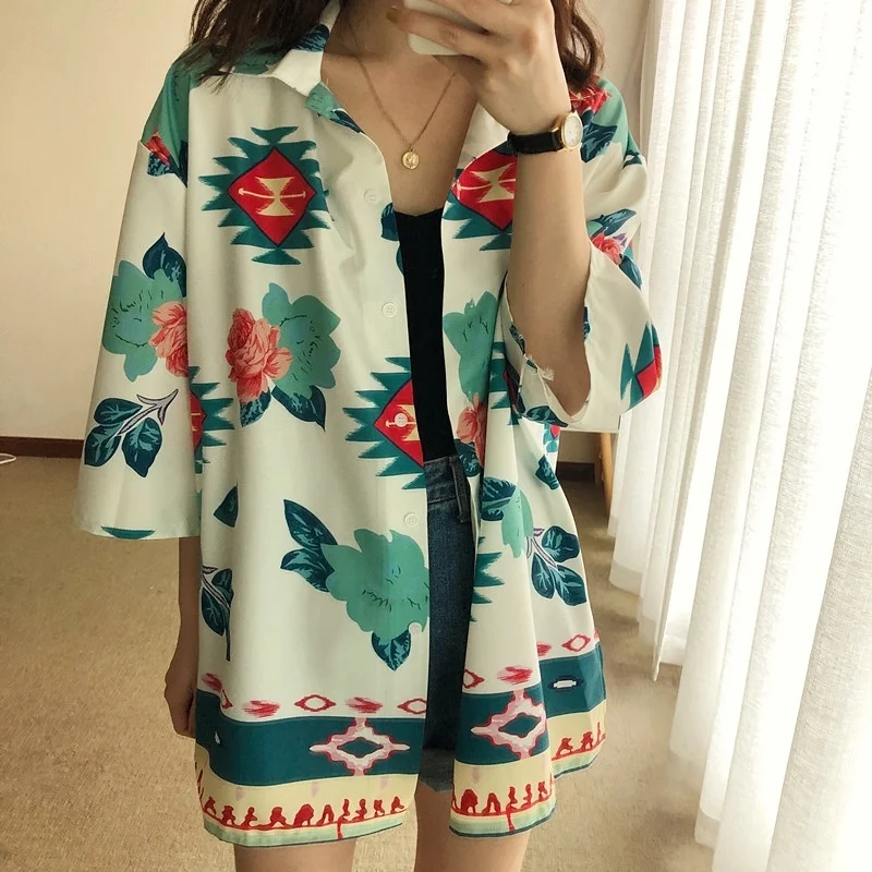 

Vintage Shirt Women Summer Casual Shirt Lapel Half Sleeve Floral Shirts Blouse Blusas 2019 Plus Size Women Clothing