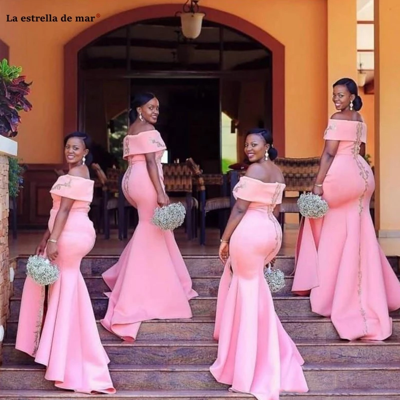 

African Arabic Plus Size Pink Mermaid Bridesmaid Dresses Off Shoulder Floor Length vestido madrinha Satin wedding party dress