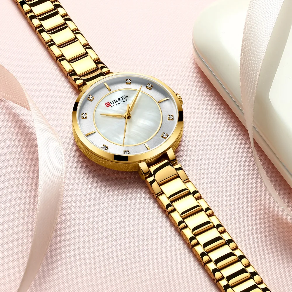 CURREN женские часы модные элегантные кварцевые часы Женское платье наручные часы со стразами комплект циферблат из розового золота Сталь группа часы