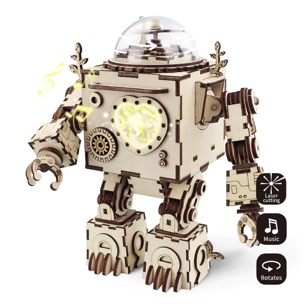 

Robotime 3D Puzzle Music Box DIY Kids toy figures Assembled Wooden Jointed Robot Model for Children girl boys friends gifts