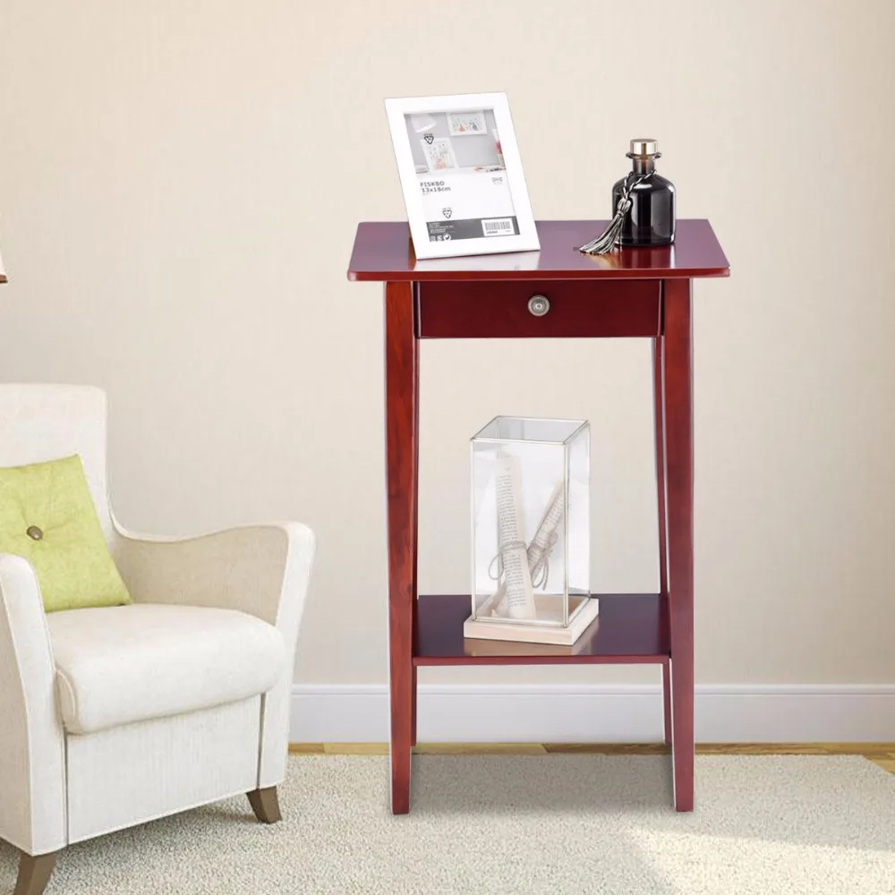 Giantex End Table Tall Wood Side Table Accent Style Telephone Stand Table Drawer Shelf Living Room Furniture HW57881