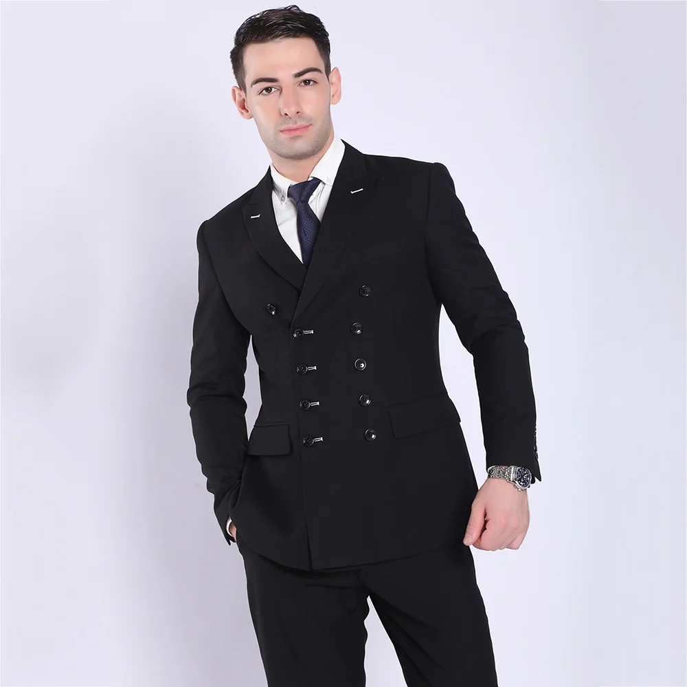 TOTURN Fashion Men Suits Black Navy Blue Double Breasted Suit Jacket Pant Male Casual Blazers Business Coat Formal Costume