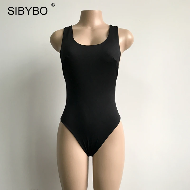 Sibybo 2019 Sexy Chic Backless Bodysuit Women Black / White Deep V Neck Summer Bodycon Bodysuit Rompers Womens Jumpsuit