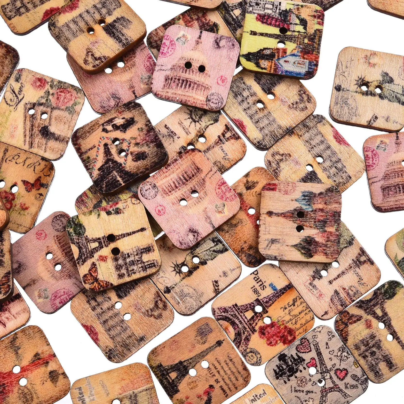 

50 Pcs Mixed Colors Eiffel Tower Printed Square Wooden Buttons Sewing Buttons Scrapbooking Crafts Accessories 19*19mm